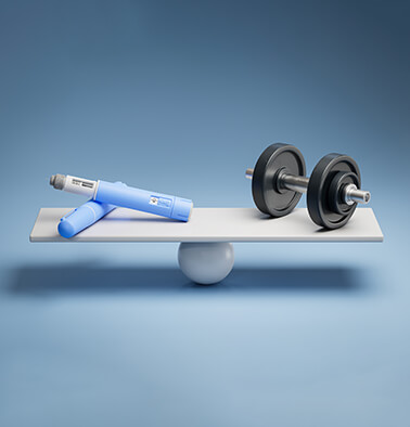 Graphic of a scale with medication on one side and a dumbbell on the other side
