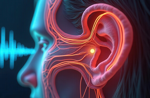 Graphic  that shows side profile of a human. The inner ear and nerves are highlighted in red